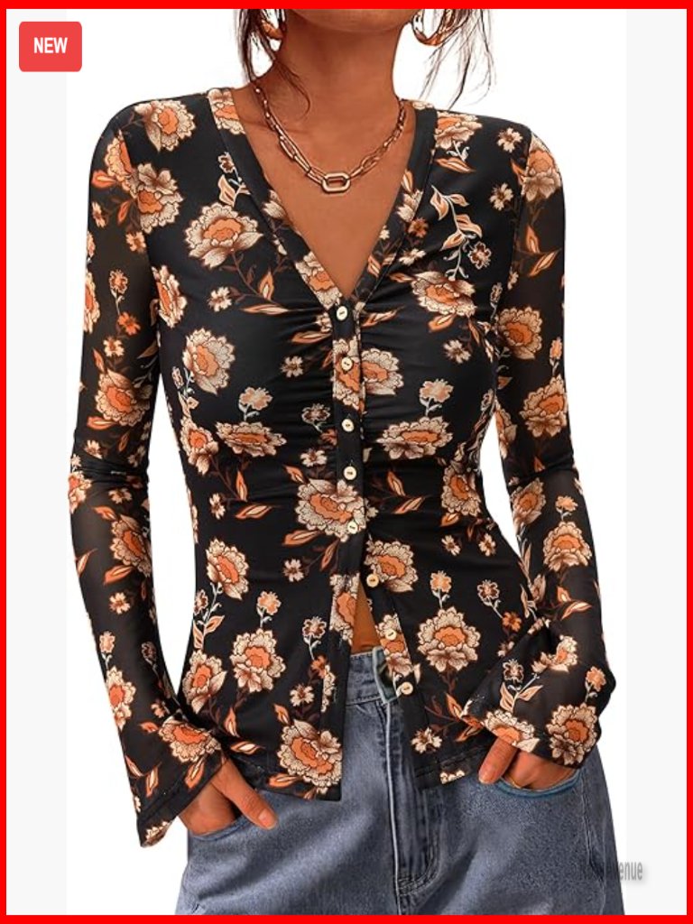 Boho Button Down Blouse Long Sleeve V Neck Ruched Mesh Fitted Top